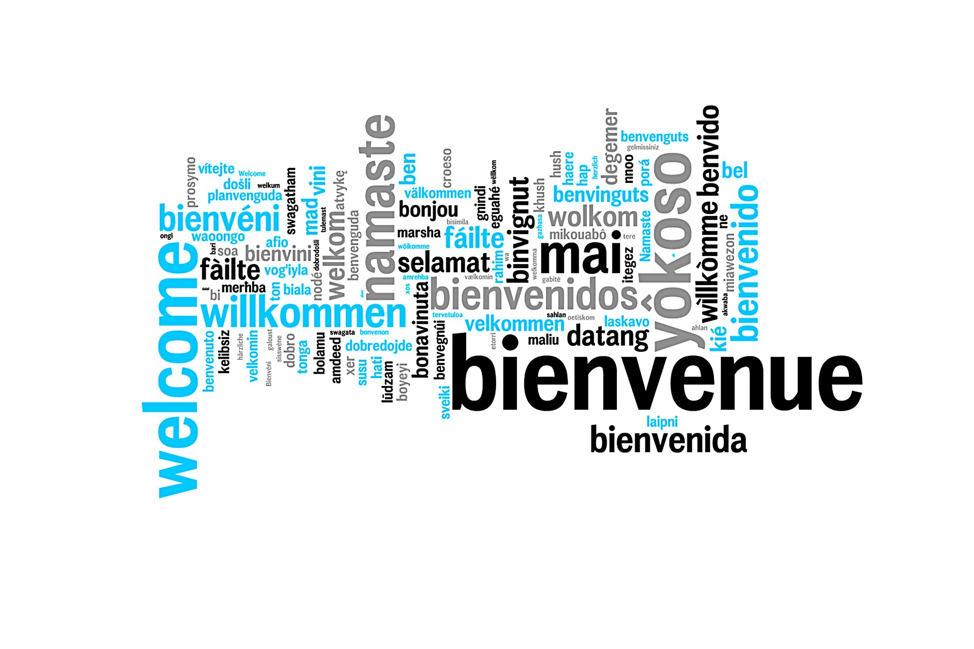 Word Welcome translated in many languages, multilingual word cloud