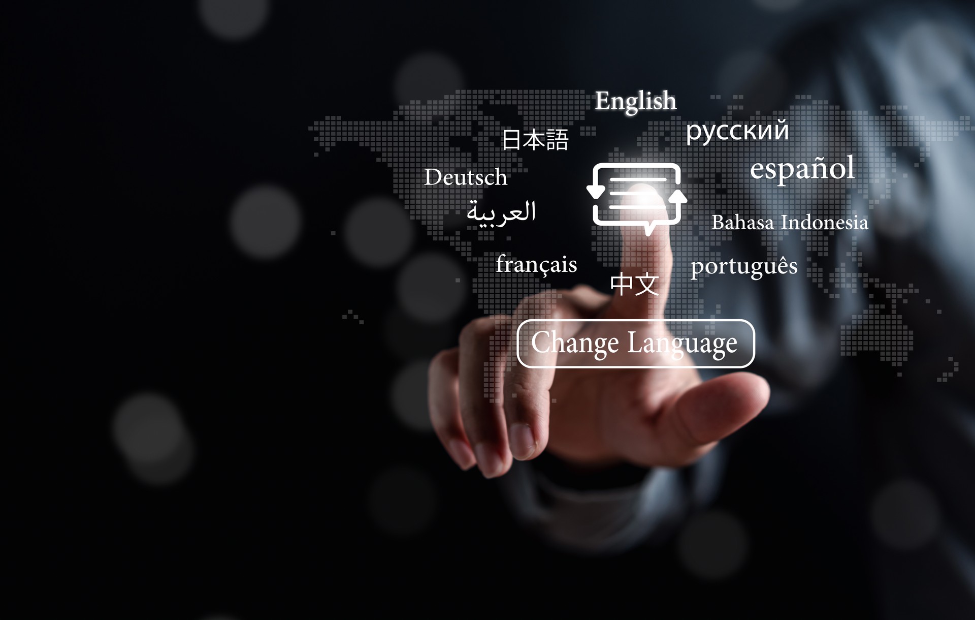 Businessman touching to virtually translate on the mobile app worldwide language conversation speaking concept.